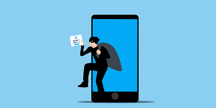 Ilustración de un ladrón saliendo de un celular ejemplificando el robo de información